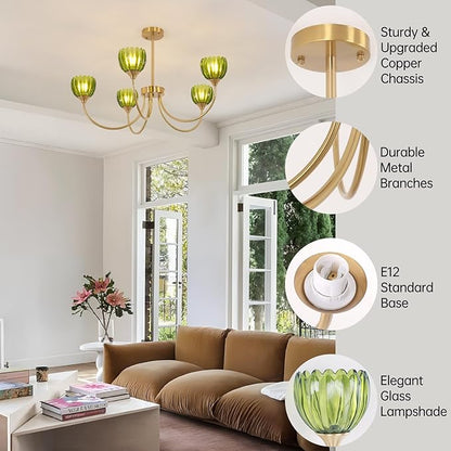 Shenmoyl 30.31" Brass Gold Chandelier, 5-Light Chandelier Light with Green Tulip Glass Lampshade, Height Adjustable Vintage Chandeliers for Dining Room Living Room Kitchen Island