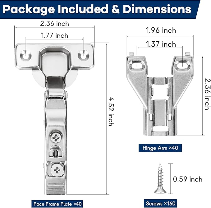 40 Pack 1/2'' Overlay Face Frame Soft Close Hidden Cabinet Hinges, 105 Degree 3D Adjustable Clip On Plate Concealed Kitchen Cupboard Door Hinges with Screws