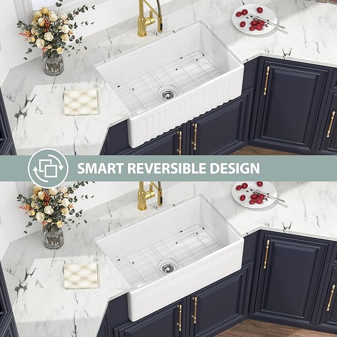 30 Farmhouse Sink White - Kichae 30 x 18 Inch Farmhouse Kitchen Sink Reversible Apron Front White Ceramic Porcelain Fireclay Undermount Farm Style Single Bowl Basin