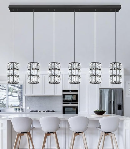 6-Lights Rectangle Modern Crystal Pendant Lights for Kitchen Island LED Dimmable Glam Pendant Lighting Chandelier for Dining Room Hallway Corner Lamp Black