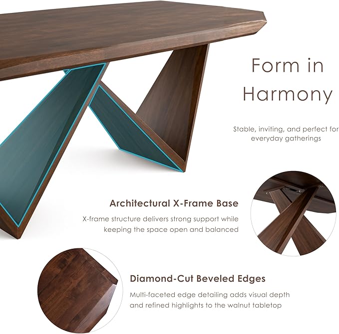 Furniture of America Nazaen III 82.5" Mid-Century Modern Solid Wood Live Edge Dining Table with Steel Support, Walnut Finish, Seats 6–8