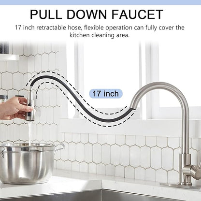 SHACO Kitchen Faucets, Kitchen Sink Faucet with Pull Down Sprayer, Brushed Nickel Stainless Steel Single Handle Pull Out Faucet for Kitchen Sink, SC-KYT010L-D