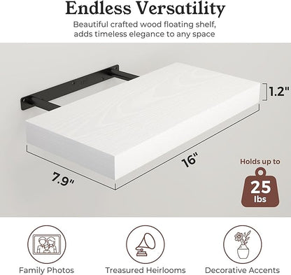 Floating Shelves for Wall, 7.9" Deep Wall Mounted Wood Shelves for Bathroom, Bedroom, Living Room, Kitchen, Hanging Shelf for Books/Storage/Room Decor (White, 16")
