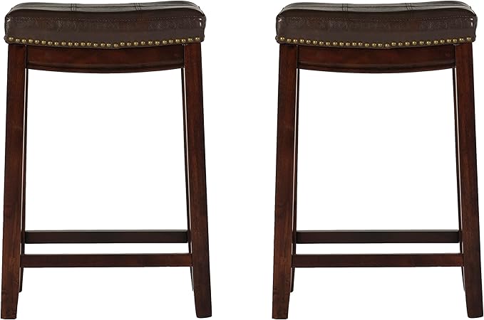 Linon Kingston Brown Wooden Backless 26.5 Inch Seat Height Counter Stool with Brown Faux Leather Upholstered Seat and Nailheads