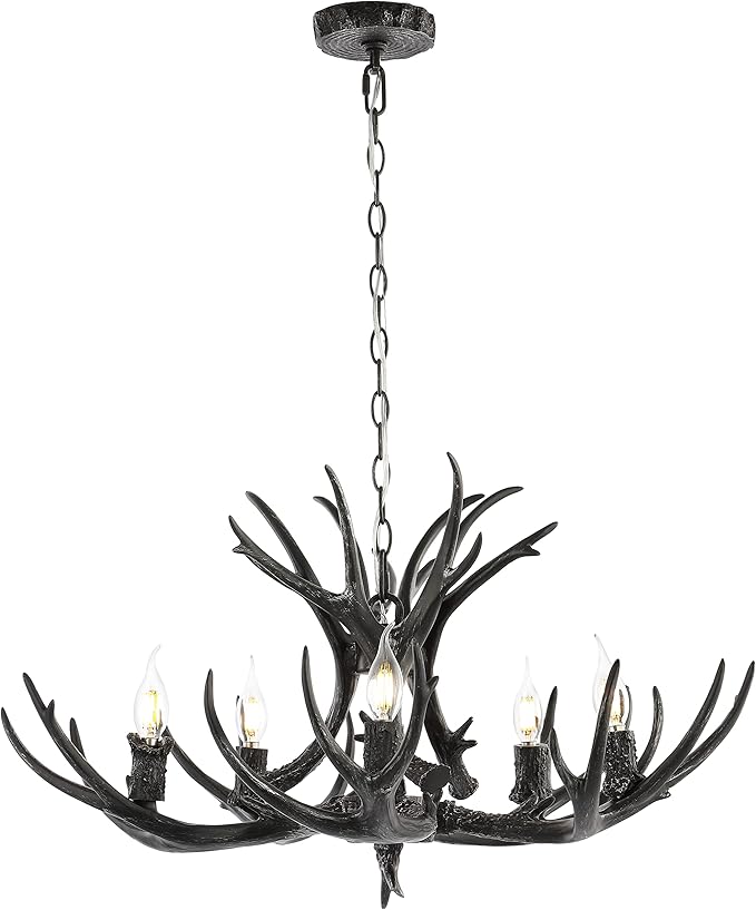 JONATHAN Y 30" Black Rustic Resin Antler 5-Light LED Chandelier, Farmhouse Faux Deer Horn Hanging Ceiling Light for Dining Room, Kitchen Island, Adjustable Light Fixture (JYL6300C)