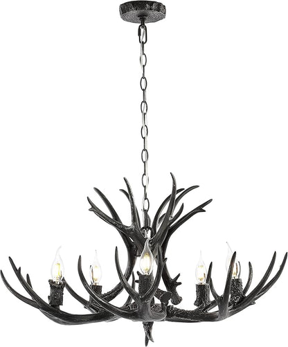 JONATHAN Y 30" Black Rustic Resin Antler 5-Light LED Chandelier, Farmhouse Faux Deer Horn Hanging Ceiling Light for Dining Room, Kitchen Island, Adjustable Light Fixture (JYL6300C)