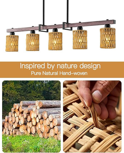 5-Light harmhouse Kitchen Island Light Fixture, Linear Chandelier for Dining Room, 5-Light Rustic Pendant Light Over Table, Handmade Woven Farmhouse Wicker Chandelier