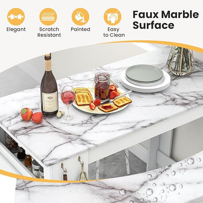 Giantex Counter Height Dining Table with 7 Hanging Hooks, Compartment, Cabinet & Adjustable Shelf, Faux Marble Tabletop, Bar Table for Pub Kitchen Small Space (White, 47"x23.5"x35.5")