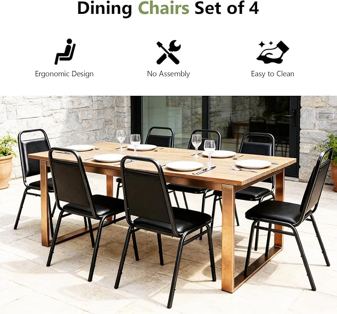 4 Pack Stacking Chairs No Assembly, Black Padded Reception Chairs with Built-in Handle, 300lbs Capacity Waiting Room Conference Office Guest Chairs Set of 4 for Home Restaurant