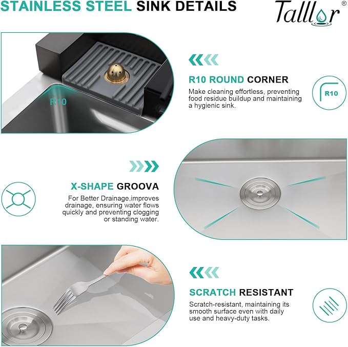 Smart Waterfall Kitchen Sink 30 Inch, Drop In Stainless Steel Single Bowl Workstation Sink with Pull-Down Faucet, Cup Washer & Multi-Function Spray #TLWF-0025
