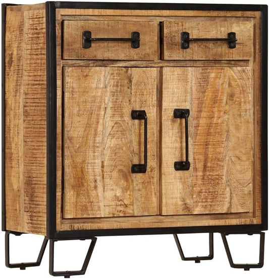 Solid Mango Wood Sideboard Cabinet, Unique Decorative Patterns, 25.6 x 11.8 x 27.6 Inches, Rustic Brown Finish, Living Room Storage Furniture, Easy Assembly Kitchen Furniture