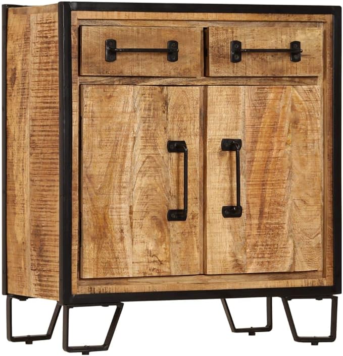 Solid Mango Wood Sideboard Cabinet, Unique Decorative Patterns, 25.6 x 11.8 x 27.6 Inches, Rustic Brown Finish, Living Room Storage Furniture, Easy Assembly Kitchen Furnitur