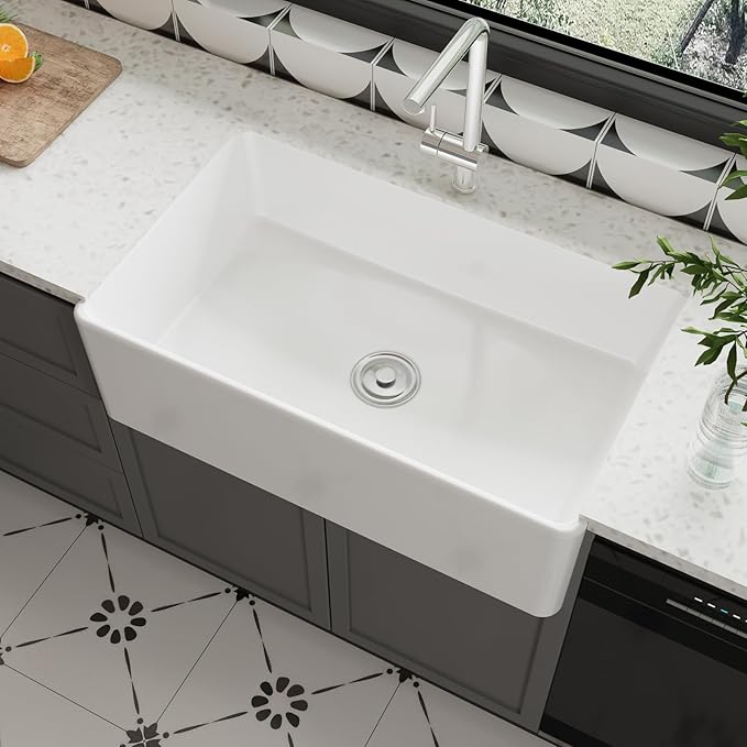 Farmhouse Sink, 33 Inch Large Undermount Kitchen Sink, 10" Deep Apron Front Farm Sinks, Ceramics White Single Bowl, Heavy Duty, Easy to Clean 33" x 20" x10"