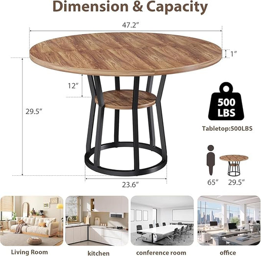 GarveeHome 47 Inch Round Dining Table with Storage Shelf, Farmhouse Circle Kitchen Table for 4-6, Space-Saving Wood Top, Metal Legs, for Kitchen, Dining & Living Room, Apartment, Table Only-Brown