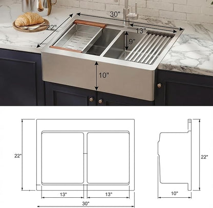 LQS Double Bowl Kitchen Sink, Undermount/Drop In Kitchen Sink, Double Bowl Stainless Steel Kitchen Sinks, 16 Gauge Stainless Steel Handmade Sinks (Stainless Steel, 30" x 22" x 10")
