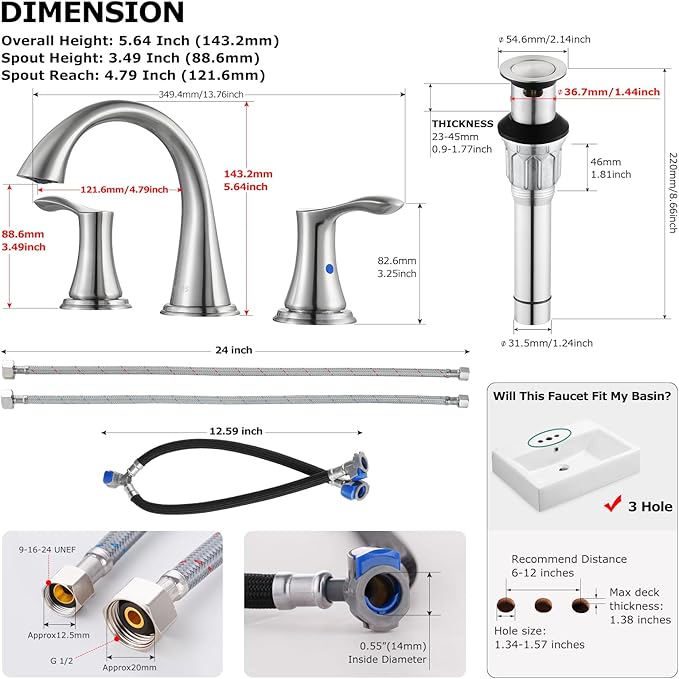 PARLOS Widespread 2 Handles Bathroom Faucet with Metal Pop Up Sink Drain and cUPC Faucet Supply Lines, Brushed Nickel, Demeter 13647