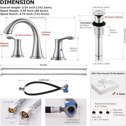 PARLOS Widespread 2 Handles Bathroom Faucet with Metal Pop Up Sink Drain and cUPC Faucet Supply Lines, Brushed Nickel, Demeter 13647