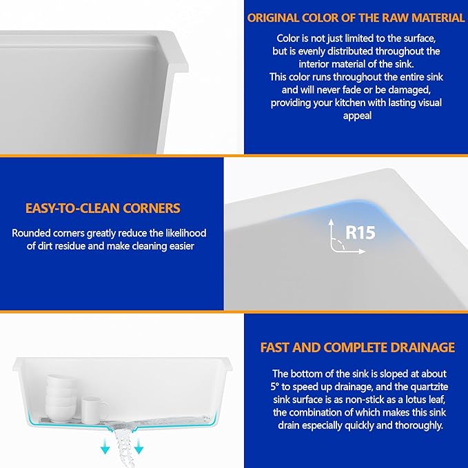 Dcolora 33 In. White Undermount Granite Composite Kitchen Sink, Single Bowl Quartz Sink, Deep Modern Kitchen Sink, 33" X 19" X 9.65"#DC-GU7750