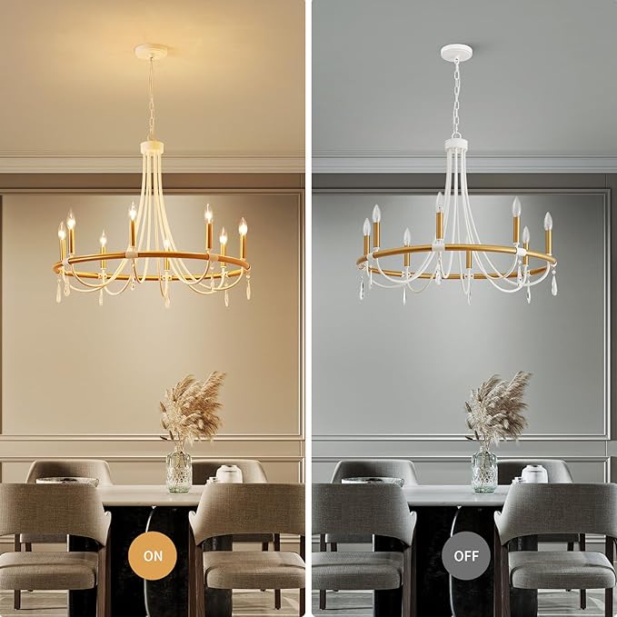 WUZUPS Wagon Wheel Chandelier Rustic Farmhouse Industrial Round Pendant Light Fixture with Clear Crystal for Dining Room Kitchen Island, H 28.3" x W 30.3", E12 Base, Gold White