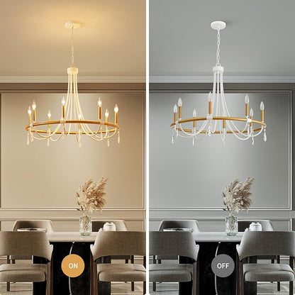 WUZUPS Wagon Wheel Chandelier Rustic Farmhouse Industrial Round Pendant Light Fixture with Clear Crystal for Dining Room Kitchen Island, H 28.3" x W 30.3", E12 Base, Gold White