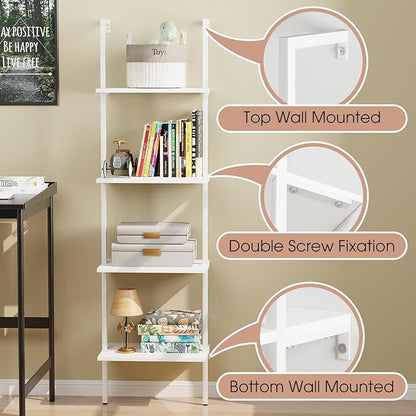 Wolawu Ladder Shelf 4 Tiers Metal Industrial Bookshelf,White Wooden Tall Open Storage Rack and Display Shelves,Wall Mount Wide Bookcase for Home Office Bedroom,Small