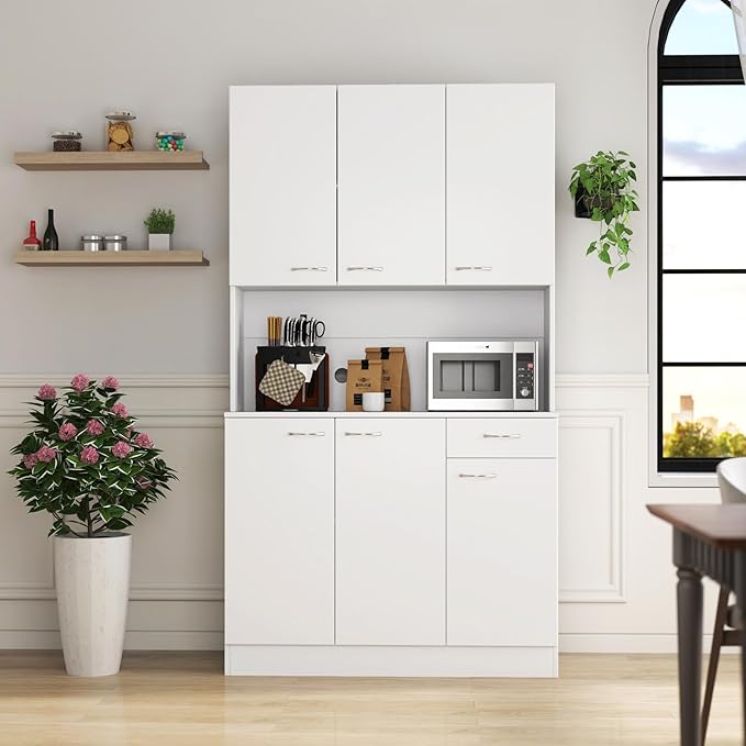71" Tall Kitchen Pantry Cabinet,Sideboard Buffet Cabinet with 6 Doors and Shelves,Kitchen Island with Microwave Stand,Kitchen Hutch Storage Cabinet with 1 Drawer for Kitchen,Kitchen Cabinet (White)