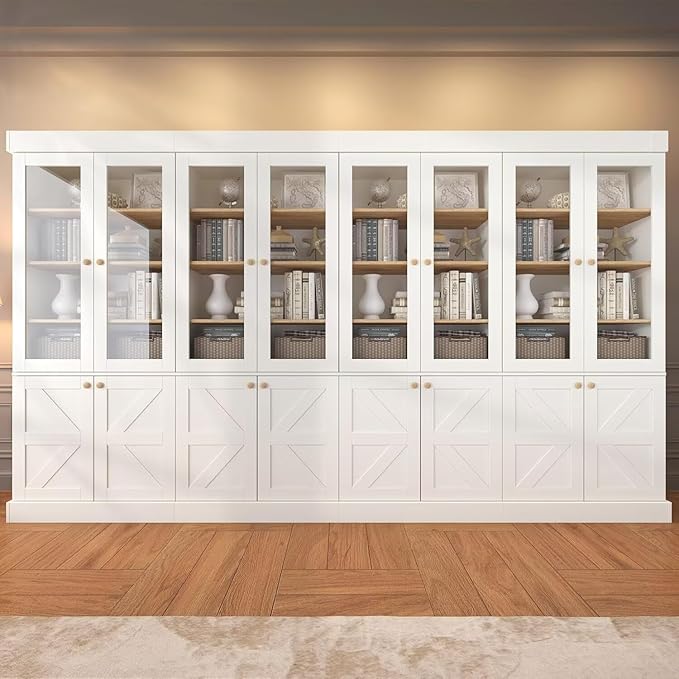 ivaniti 71" Tall Farmhouse Kitchen Pantry, Rustic Large Storage Cabinet with Glass Doors, Adjustable Shelves, Wood Versatile Hutch Cabinet for Dining Room, Living Room, White 4 pcs