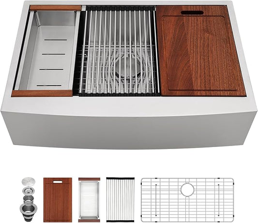 Sarlai 33 Farm Sink Stainless Steel - 33 x 22 Inch Farmhouse Kitchen Sink Ledge Workstation Apron Front Single Bowl 16 Gauge Stainless Steel Luxury Kitchen Farmer Sinks Basin