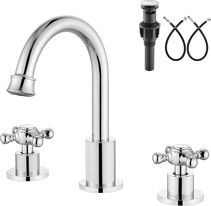 Aolemi 8 Inch 3 Holes Widespread Bathroom Sink Faucet Double Cross Handle SUS304 360 Degree Swivel Spout with Pop Up Drain Deck Mount Lavatory Mixer Tap Polish Chrome