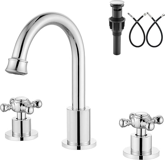 Aolemi 8 Inch 3 Holes Widespread Bathroom Sink Faucet Double Cross Handle SUS304 360 Degree Swivel Spout with Pop Up Drain Deck Mount Lavatory Mixer Tap Polish Chrome