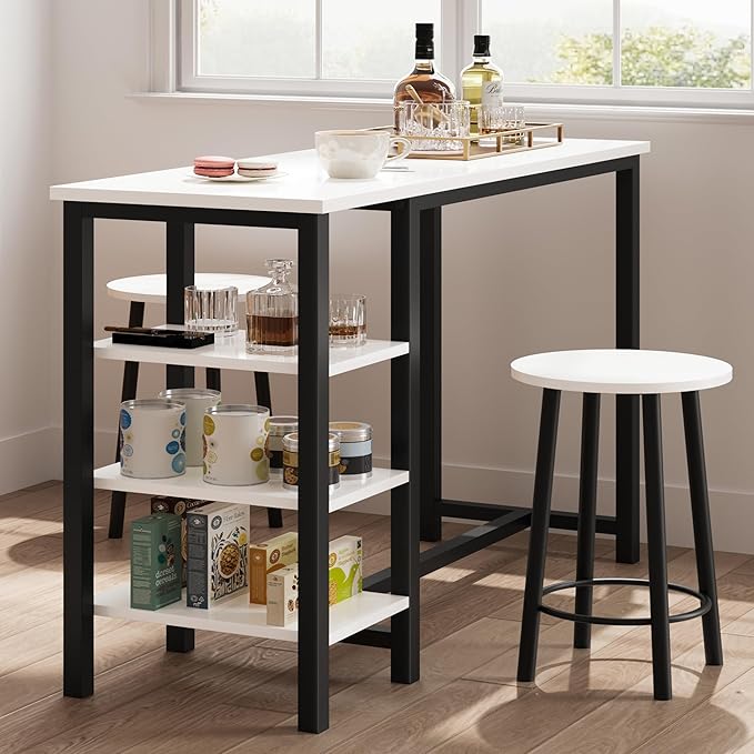 Amvove Bar Table and Chairs Set for 2, Kitchen Island with Storage Shelves Kitchen Table with 2 Bar Stools Counter Height Dining Table Set Breakfast Nook for Small Space & Kitchen,High Top Table
