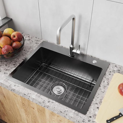 22" x 18" Drop in Kitchen Sink 304 Stainless Steel Single Bowl Topmount Bar Sink with Drain Kit and Bottom Grid, Black