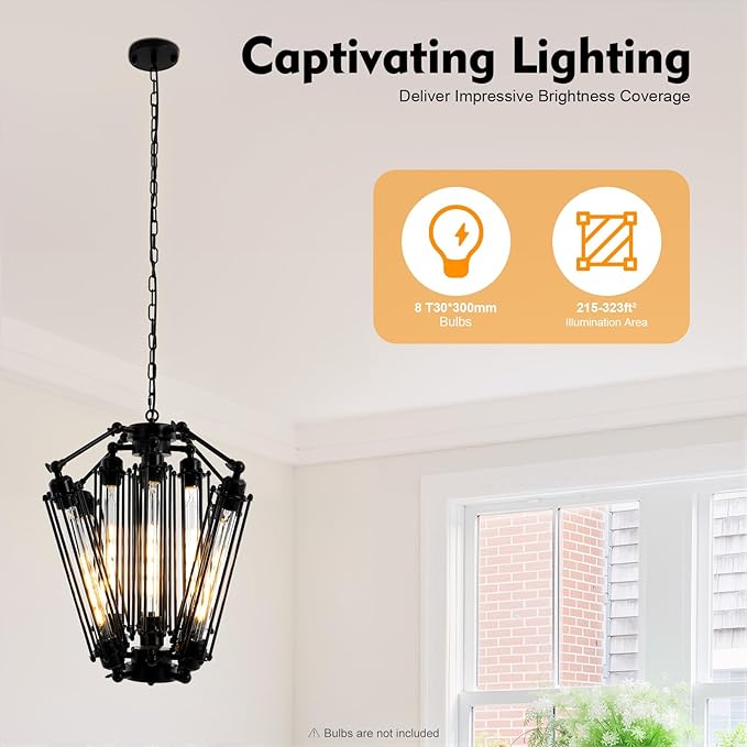8-Lights Retro Metal Pendant Lamp with Glass Lamp Tube, Industrial Metal Chandelier, Vintage Mid Century Lighting Fixture, Steampunk Style Pendant Light for Foyer Hallway Living Room Bar
