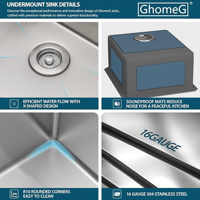 15 Undermount Kitchen Sink 15"x17"x8" Single Bowl 16 Gauge Stainless Steel Under Counter Single Bowl Kitchen Sinks Basin with Drain Strainer