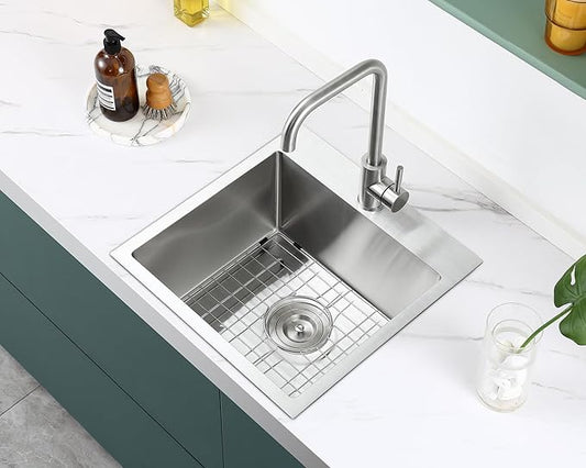 18x18 Inch Drop in Kitchen Sink, 304 Stainless Steel Single Bowl with Bottom Grid Mat & X-Shape Drain, 9” Deep Compact Sink for Small Kitchen, Apartment, RV, Wet Bar