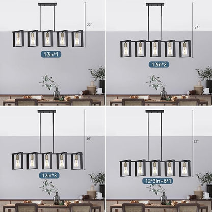 9MMML 41.5" Mid Century Dining Room Chandelier, Black and Gold Wood Pendant Light, Height Adjustable 5 Lights Fixtures for Kitchen Island Hallway Pool Table