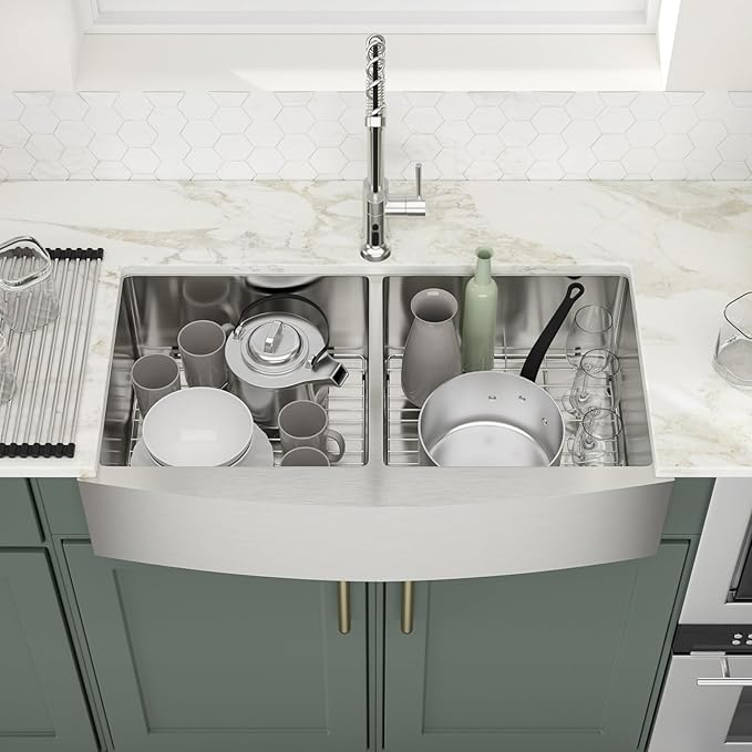 Logmey 36 In Farmhouse Apron Front Sink,50/50 Double Bowl 16 Gauge Stainless Steel,36x20x9 Sink for Farmhouse/Rustic Home,Perfect for Food Prep & Dish Washing