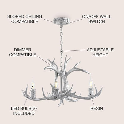JONATHAN Y 26" Silver Rustic Resin Antler 4-Light LED Chandelier, Farmhouse Faux Deer Horn Hanging Ceiling Light for Dining Room, Kitchen Island, Adjustable Light Fixture (JYL6301C)