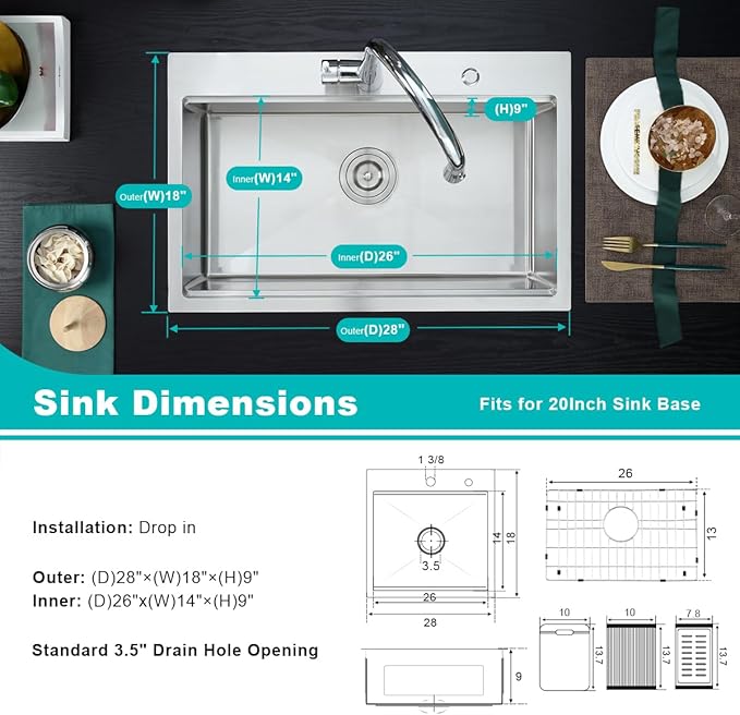 28 Inch Drop-In Stainless Steel Double Bowl Kitchen Sink, D28"xW18"xH9"