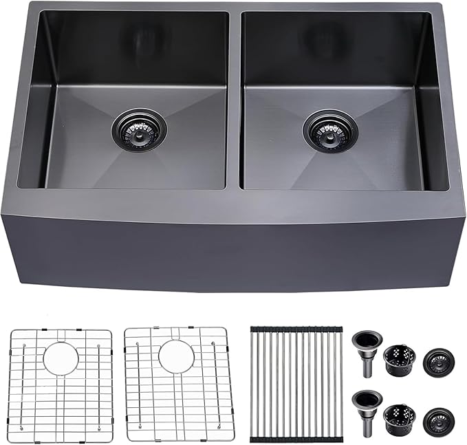 SHACO 33 Inch Black Double Bowl Divided 50/50 Farmhouse Sink, 33x21 Gunmetal Black Stainless Steel Undermount Apron Front Farm Kitchen Sink