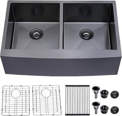 SHACO 33 Inch Black Double Bowl Divided 50/50 Farmhouse Sink, 33x21 Gunmetal Black Stainless Steel Undermount Apron Front Farm Kitchen Sink
