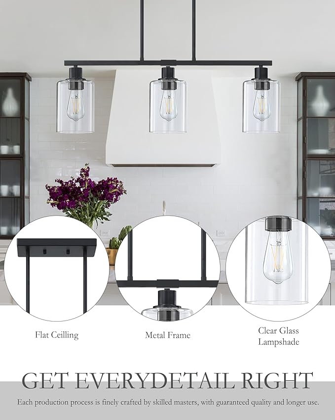 Doraimi Lighting Modern 3 Light Indoor Hanging Kitchen Island Light Black Finish 5.3" Clear Glass Chandelier Shade for Bar Dining Room Kitchen Island Over Sink