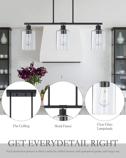 Doraimi Lighting Modern 3 Light Indoor Hanging Kitchen Island Light Black Finish 5.3" Clear Glass Chandelier Shade for Bar Dining Room Kitchen Island Over Sink