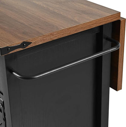 YOPTO Farmhouse Kitchen Island Cart With Power Outlet & 2 Sliding Barn Doors, Rolling Storage Island W/Drop Leaf Spice Rack and 5 Universal Wheels, for Home and Dining Room, Black, 53.7"