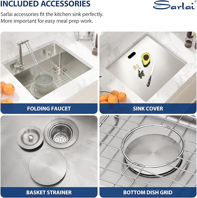 Sarlai Outdoor Sink, 21x19 Inch Undermount Kitchen Sink Workstation with Foldable Faucet Bar Prep Single Bowl 16 Gauge Stainless Steel Sinks with Cover,BBQ Sinks Outside with Cover