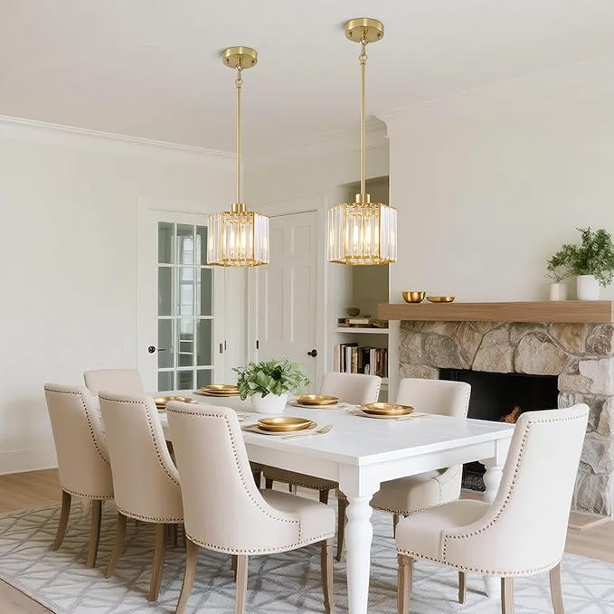 XSDeTu 1 Pack Gold Pendant Lights Kitchen Island, Modern Crystal Pendant Light Fixtures, 1-Light Small Farmhouse Chandelier, Adjustable Brass Hanging Light Fixture for Dining Room, Hallway, Bedroom