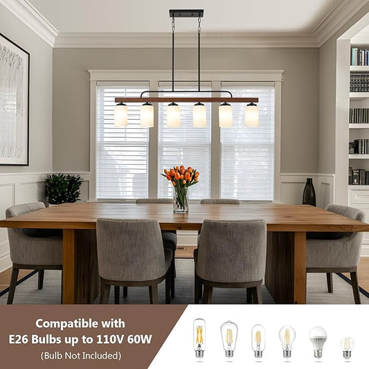 Farmhouse Dining Room Light Fixture Over Table, Black 6-Light Wood Kitchen Island Lighting with Milk White Glass, Industrial Linear Chandelier Pendant Lights