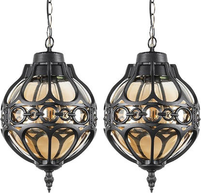 Globe Outdoor Pendant Lights for Porch Patio Garage, Matte Black Aluminum Anti-Rust Hanging Light Fixture, Industrial Round Amber Glass Exterior Chandelier, Outside Pendant Lamp, 2 Pack