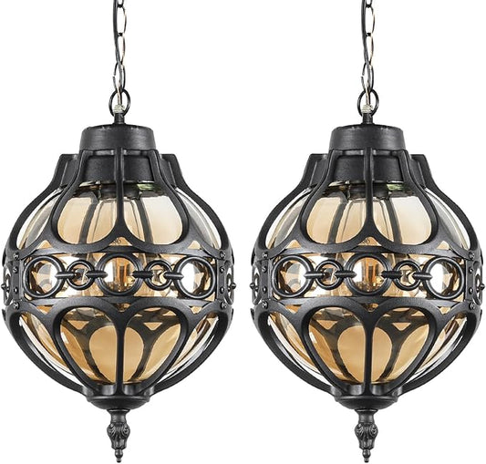 Globe Outdoor Pendant Lights for Porch Patio Garage, Matte Black Aluminum Anti-Rust Hanging Light Fixture, Industrial Round Amber Glass Exterior Chandelier, Outside Pendant Lamp, 2 Pack