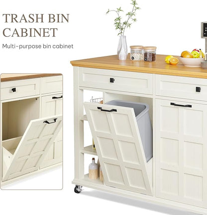 YITAHOME Rolling Kitchen Island with Drop Leaf, 51 Inch Kitchen Cart with Trash Can Cabinet, Americana Center Island with Power Outlet, Mobile Foldable Dining Table with Open Shelves, Off-White